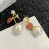 Stud Earrings Fashion Long Gold Color Strawberry Love Heart Pearl Retro Brass Women Party Jewelry High Quality Gift