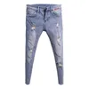 Neue Frühlings-Sommer-Cowboy-koreanische Art-beiläufige dünne Jeans feste Denim-FI-Mann-Strecken-feste zerrissene Bleistift-Hosen X7Hd #