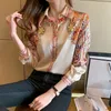 Outono moda floral impressão blusa feminina camisas de cetim senhora do escritório elegante topos manga longa roupas de seda 18440 240326