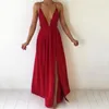 Kvinnor sommar maxi klänning fast färg sexig djup vneck ärmlös spaghetti rem rygglöst hög split long sundress vestidos 240309