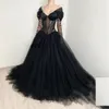 Sexy Schwarz Prom Pageant Kleid 2024 Frauen Schulterfrei Lange Ärmel Tüll Abend Formale Geburtstagskleider Robe De Soiree Vestidos De Feast
