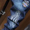 新しい男子秋の冬の虎ヘッド刺繍ジーンズペルペルシティブルーストレッチデニムパンツクラシックオートバイヒップホップズボンZ8VX＃