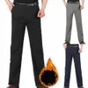 FI Herrens vinter varma fleece -fodrade byxor Solid Color Casual Stretch Straight Pants Middle midjebusinbyxor R8VU#