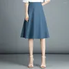 Saias elegantes do sólido Midi Feminino Summer feminino Autumn Slim A-Line Umbrella Salia coreana High Caist Jupes Femme Black Beige Blue