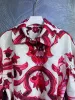 2024 Autumn New Women's Flip Collar Red Porcelain Print Lower Collar Single Buckle Waistband Fashion Long sleeved Windbreaker