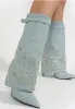 Primavera meninas luz azul jeans denim bling cristal strass rebite botão fivela dedo do pé apontado saltos finos deslizamento em calças botas sapato