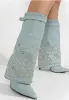 Printemps filles bleu clair jean Denim Bling cristal strass Rivet bouton boucle bout pointu talons fins sans lacet pantalon bottes chaussure