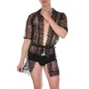 Clever-Menmode Männer Dessous Sexy Spitze Nacht-Robe Bademantel Nachtwäsche Durchsichtig Crossdring Nachtwäsche Gürtel Kimo Nachthemd j4Gz #