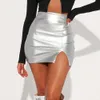 New Product Metal Color PU Slit Leather Cross Border European and American Sex High Wait Zipper Short Women's Straight One Step Skin