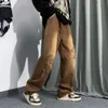 Brown Pants, Men's Loose Fitting Straight Leg Hip-hop Versatile Distressed Pants Design, Inset American High Street Jeans