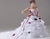 New Strapless white with red Embroidery and red rose flowers Organza Draped Aline bride039s wedding dresses4807784