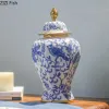 Pots Pot général en porcelaine bleue et blanche avec couvercles Pots de rangement en céramique Conteneurs cosmétiques Fleur artificielle Vase floral décoratif