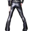 Mens Faux Leather PU Bellbottom Calças Casual Skinny Pernas Sexy Leggings U-Shaped Zipper Abre Virilha Motocicleta Calças Queimadas I73N #