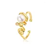 With Side Stones Coating Yellow Gold Pearl Ring Individuality Letter Sterling Silver Girl Opening Trendy Handwear