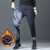 Vinterm Men's Classic Fleece Warm Jeans Fi Black Blue Straight Leg Thicken Veet Casual Denim Pants Mens Busin Byxor Y4IP#