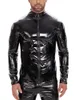 5-7XL LG SLEEVE FAUX SHANNY PU LÄDER TSHIRT Våt Look PVC Mens Jackets Rockar Tight Sexy Cosplay Windbreaker Moto T Shirt Tops O12f#