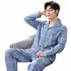 2024 novos homens cott pijamas primavera outono lg manga sleepwear lapela meia idade casa wear cor sólida xadrez impresso nightdr 68dE #
