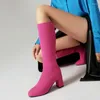 Boots Acrylic Stretch Fabric Bright Orange Green Violet Color Socks Botines Women Shoes Block High Heels Knee-high Sexy Stretchy