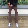 Tillbaka fotleds blixtlås skarvade raka flare byxor mens high street ons retro lösa casual jeans hip hop jenim byxor k9cc#