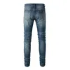 Männer Leder Patch Biker Jeans Skinny Tapered Stretch Denim Blau Hosen Streetwear Patchwork Löcher Zerrissene Hosen 721W #