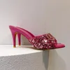 Glitter Mule diapositives sandales talons aiguilles pantoufles chaussures à bout ouvert femmes de luxe boucle en métal décoration semelle extérieure en cuir chaussures de soirée 7,5 cm chaussures d'usine