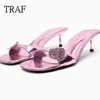 Traf Pink Womens Sandals Rhinestone Square Head Cat Heel Sandaler Summer Elegant Women Heeled Shoes Stiletto Lady Slippers 240312