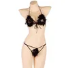 Conjunto de lingerie sexy feminino pompom pena sexy sutiã roupa interior trajes eróticos conjunto cosplay 240311