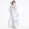 Designer Women Flower Print V-Neck Dress Flare Sleeve Elegant Swing Dresses Maxi Dresses With Belt Fashion Ladies A-line Casual Beach Party Clothes Frocks