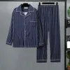 Conjunto de pijama de otoño e invierno para hombre, ropa de descanso de seda con estilo, conjunto de pijama a rayas con estampado de cuadros, solapa a juego de colores W85L #