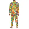 Retro Retro 60s Pijama Set Sonbahar Renkli Geometrik Konforlu Gece Sijiz Erkekler 2 Parça Sıradan Büyük Boy Özel Ev Takım D3om#