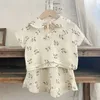 Estilo coreano crianças conjunto de roupas manga curta algodão impresso t-shirtsshorts nascidos bebê meninas roupas terno para o verão 240323