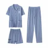 5XL Big Taille Pyjamas Ensembles pour hommes 3pcs Casual Modal rayé à manches courtes Vêtements de nuit + Short élastique d'été + Lg Pyjama Homme Pantalon t2TZ #