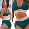 Kvinnors badkläder 2st/Set Women Sexig bikini Set Deep V-hals Bh High midja Drawstring Swim Trunks Patchwork Color Summer Bathing Suit