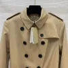 Women Khaki British Jacket Double Breasted With Belt Long Trench Classic Lapel Long Sleeve Windproof Overcoat Streetwear