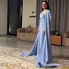 Dubai sharon cetim disse frisado azul vestidos de noite para mulheres elegante festa de casamento manga longa sereia vestidos árabes