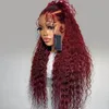 Perruque Lace Front wig synthétique bouclée et ample, rouge vin foncé, 13x4, sans colle, en Fiber résistante à la chaleur, naissance des cheveux naturelle, raie libre pour femmes