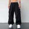 Pantalon cargo pour hommes Y2K Couleur unie Baggy Poches tactiques Pantalon Harajuku Streetwear Pantalon tissé surdimensionné Pantalon sarouel en vrac 82Yn #