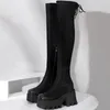 Botas Zapatos de plataforma cálidos de invierno Mujeres Cuero genuino Punta redonda Muslo Alto Tacones por encima de la rodilla Suela gruesa Bombas de fiesta