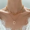 Pendant Necklaces Alloy Double-Layer Hollowed Out Square Necklace With Fashionable Temperament Niche Design Metal Geometric Overlay Choker