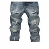 proste męskie n-stretch Cott Casual Fi Dżinsowe spodnie zgrane strzępione wybielacze w dżinsy v8ga#