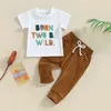Комплекты одежды RWYBEYW для маленьких мальчиков, наряд на первый день рождения, Wild One Two Three Four, толстовка с короткими рукавами, рубашка, топ, коричневые брюки для бега