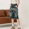 Haruku Vintage Functial geborduurde sterrenpatroon denim heren oversized zonnige Bermuda casual shorts college broek y2k a5f5#