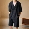 Men's Tracksuits Summer Pleated Men Outfit Casual Lapel Short Sleeve Shirt Pockets Wide Leg Shorts Set Two-piece Korean Loose Top Suit