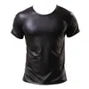 sexy Men's Faux Leather Black T-Shirt Slim Tight Tops Short Sleeve Tees Men Wet Look Latex Nightclub Catsuit PVC T Shirts Q5O9#