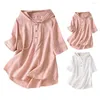 Camicie attive Colletto con bottoni Felpe con cappuccio Camicetta 2024 Camicia da donna a mezza manica in cotone e lino Top estivo allentato con cappuccio 3x Top da allenamento per le donne