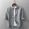 Mens Casual Shirts 2023 Cotton Linen Shirt Half Sleeve Blus Top Botton Pinstripe PLUE STORLEK 4XL Bekväma vackra män S Drop Deliv OT5VK