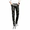 idopy DJ Swag Skinny Faux Leather PU Tight Black Joggers Party Cosplay Biker Pants For Men Boys With Zippers f32L#