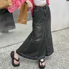 Skirts Women Skirt A-line Big Swing Denim Retro Pockets Solid Color High Waist Button Zipper Ankle Length Ripped Edge Lady Maxi
