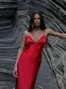 Womens Sexy Backless Red Satin Maxi Dress Female Elegant V Neck Lace Up Sleeve Ladies High Street Vestidos 240321