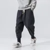 Calças masculinas algodão linho harem masculino sólido cintura elástica streetwear joggers baggy drop-virilha calças casuais